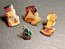 FOUR VINTAGE CHRISTMAS HOLIDAY PINS: BELLS, CANDLE, SNOWMAN, TREE picture