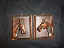 Copper Metal Equestrian Horse Heads In Relief 3D Framed Art Vtg Set of 2 picture