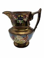 Antique English Copper Lustre Jug with Mask Spout Dolphin Handle & Flowers picture