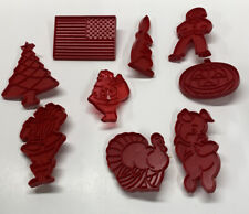 (9) Vtg Red Plastic Cookie Cutters Christmas Thanksgiving Holloween Flag Pig picture