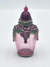Vintage Monet Enameled Metal & Glass Pink Roses 3.25” Perfume Bottle GC NO BOX picture