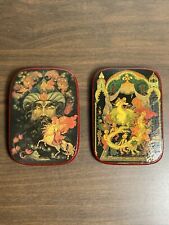 Lot of 2 Vintage Russian Lacquer Wall Art Plaques 3 7/8” x 5 1/2” #A picture