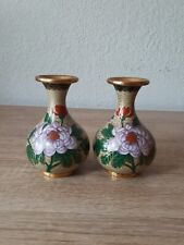 Vintage Set Of Vases Oriental Painted Design Floral With Bluebird 4 In. Tall picture