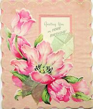 Vintage Happy Birthday Greetings Card Tulips Pink Flowers 1940s Used picture