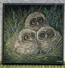 Vintage Dick Twinney Owl Chicks Mini Print on Wood Retro 4 in Square picture