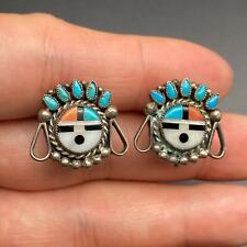 Vintage Zuni Kachina Turquoise Coral MOP Sterling Silver Screw Back Earring picture