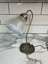 Vintage Lily Pad Brass Iridescent Blue Glass Shade Gooseneck Desk Table Lamp 14” picture