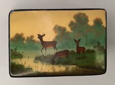 Vintage Signed Russian Fedoskino Style Hand Painted Deer Landscape Wood Box picture