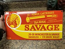 Savage Ammo Gun Sign Porcelain Steel .30 Winchester Rifle Bullet Hunting Indian picture