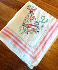 Unique Vtg Hand Embroidered Fiesta Southwest Tablecloth Stripe Edge 36x32 picture