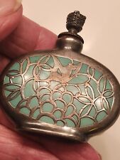 ANTIQUE German GREEN Enamel Crown Top Scent Bottle w Silver Overlay #1772 picture