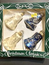 Vintage Blue  and Cream  BELL Christmas  Ornaments  w/Scrolls & Glitter by Krebs picture