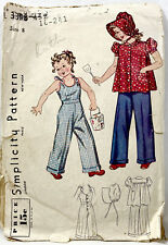 1930s Simplicity Sewing Pattern 3398 Girls Overalls Smock Bonnet Sz 8 Antq 12518 picture