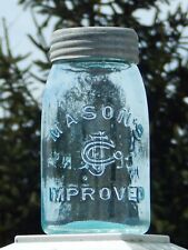 Antique Masons Improved CFJ Co Clyde NY Quart Fruit Jar Aqua Glass Lid Zinc Band picture