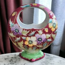 Antique Porcelain Moon Basket Vase Hand Painted Flowers Gold Trim RARE picture