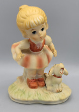 Vintage Ceramic Figurine Girl In Mushroom Skirt and Dog/Puppy At Play picture