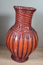 Vintage Asian Woven Vase Rattan Chinese Porcelain Small Vessel Red Brown  picture