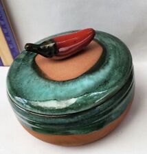  VNTG Green Drip Top Hot Red Pepper Glazed Jar with Lid 1997 USA Pottery- sign  picture