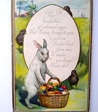 Easter Postcard Fantasy Bunny Rabbit Holds Basket Painted Eggs Black Birds E-179 picture
