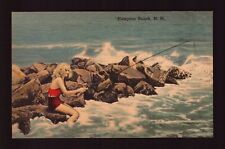 POSTCARD : NEW HAMPSHIRE - HAMPTON BEACH NH - BLONDE GIRL FISHING ON ROCKS LINEN picture