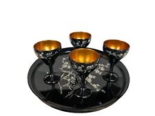 Vintage Japanese Black Lacquerware Stemmed Wine Glasses & Tray Set picture
