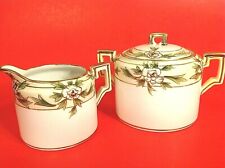 NIPPON CREAMER & SUGAR HAND PAINTED 1912 MAKURI GREEN GOLD FLOWERS ANTIQUE picture