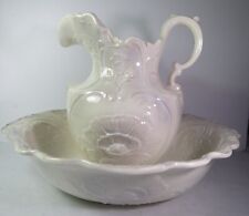 Antique M C Pottery Large Pitcher Wash Basin Set Off White Embossed Floral picture