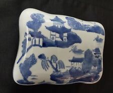 PAGODA - Large Vtg Chinese Porcelain Box Blue/White Pagoda 8 1/4”x5 3/4”x3 1/2” picture