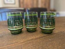Set of 3 Green Greek Design Drinking Glasses 4.25” Vintage Glasses picture