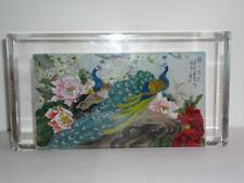 STUNNING CHINESE REVERSE PAINTING GLASS TABLE DECOR WITH PEACOCKS & FLOWERS picture