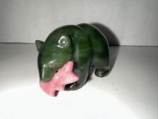 Hand Carved Natural Green Stone Bear With Pink Fish Figure picture