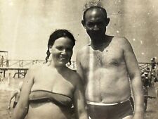 1960s Bulge Trunks Guy Shirtless Man Bikini Woman Smile Vintage B&W Photo picture