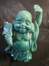 Japanese Vintage Happy Budha FigurineTurquoise Glazed Ceramic Raised Arm 7
