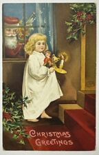 Antique Christmas Postcard Little Girl & Santa Looking through Window picture