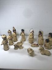 14 Pc VINTAGE MEXICAN WHITE & GOLD NATIVITY CHALKWARE FIGURES  - Approx 4” picture