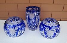 3 LAUSITZER German Democratic Republic Cobalt Blue Crystal Round Bowls & Vase picture
