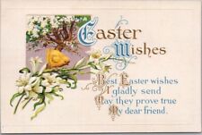 c1910s EASTER Embossed Greetings Postcard Baby Chick / Lily Flowers - UNUSED picture
