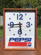 Vintage 1990’s PEPSI Cola Soda Pop Lighted Wall Clock Sign Custom Made Wood Box picture