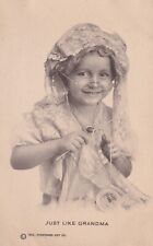 Vintage Just Like Grandma Postcard 1900s Young Girl Knitting Glass Lace Bonnet picture