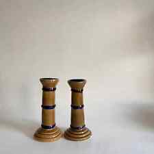 Pair of Whimsical Hand Painted Ceramic Candlesticks, Dark Tan Olive Green Colbat picture