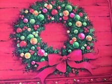 VTG Christmas Greeting Card Red Door Green Wreath Shiny Bright Fruit Bow picture