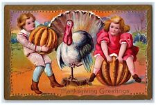 c1910's Thanksgiving Greetings Children Pumpkin Turkey Embossed Antique Postcard picture