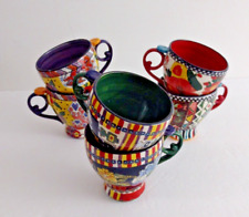 Set of 6 Hand Painted Pedestal Mugs Ceramic Colorful Artistic Coffee Cups picture