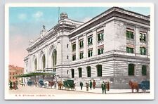 c1920s~Albany New York NY~Union Railroad Station~Horse & Buggy~Crowd~Postcard picture