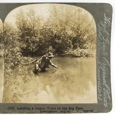 Wading Fisherman Catching Trout Stereoview c1903 Ingersoll Fishing Net Card G894 picture