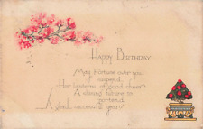 Happy Birthday Poem, Pink Blossoms, Potted Bonsai Tree, Vintage Postcard picture
