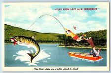 Cass Lake Minnesota MN Postcard Hello Fish Little Hard Land Exaggerated c1960's picture