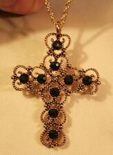 Lacy Black Rhinestones Openwork Filigree Heart Armed Goldtone Cross Necklace picture