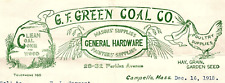 1915 CAMPELLO MASS G.F. GREEN COAL CO HARDWARE POULTRY  BILLHEAD INVOICE Z1087 picture