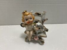 Vintage Japan Ceramic Angel Girl with Lamb in Chair Figurine Gold Trim 3 1/2